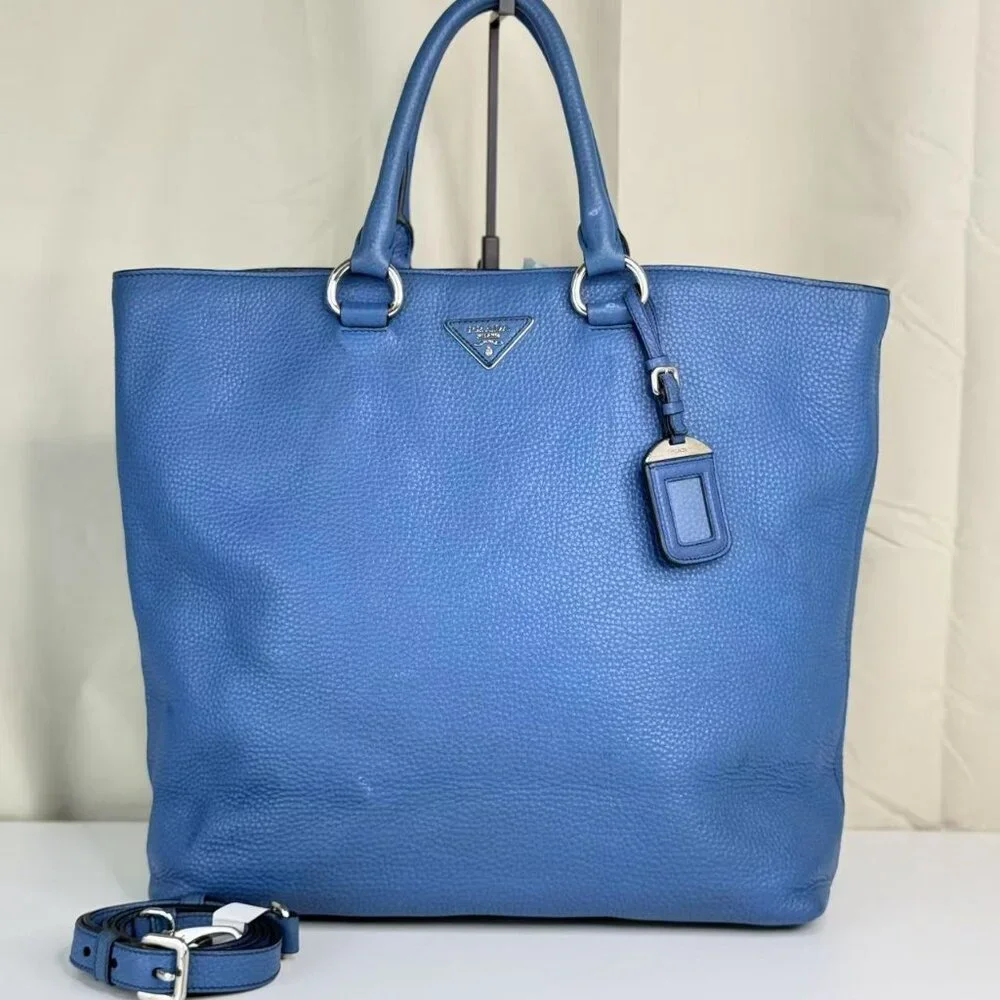 Prada Blue Leathe Convertible Shopper Tote - Picture 1 of 11